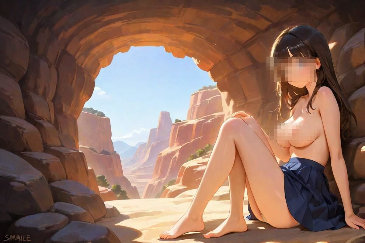 サンプル画像3:岩場の夕陽で佇む  最高峰のパンチラ美女(AI幻想工房) [d_512850]