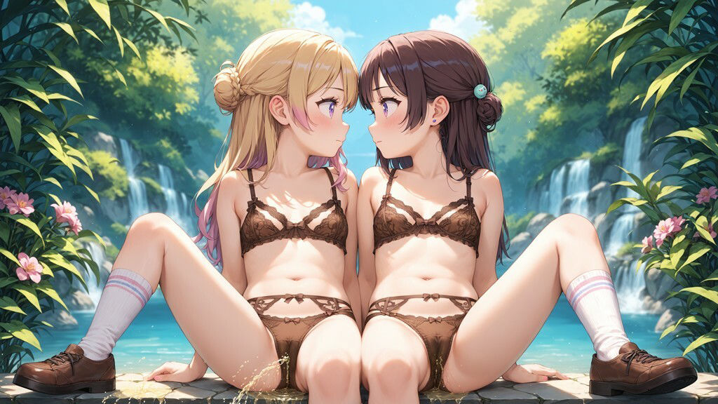 サンプル画像4:かわいい女の子2人が並んで座ってパンツをはいたままおしっこをおもらししている画像集 （4K）(えっふぇれ) [d_517747]