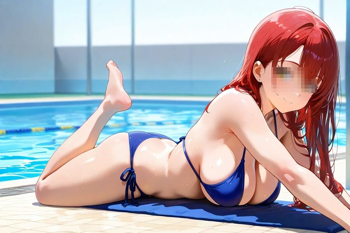 サンプル画像4:ストレッチで美しいボディを見せつけ  挑発的な笑みを浮かべるビキニ美女(AI幻想工房) [d_523398]