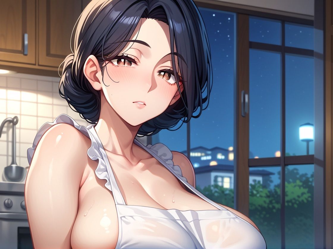 サンプル画像1:友達の母親と二人きりになって、エプロン姿がエロくてそのまま中出しセックスに…(にょん) [d_524364]