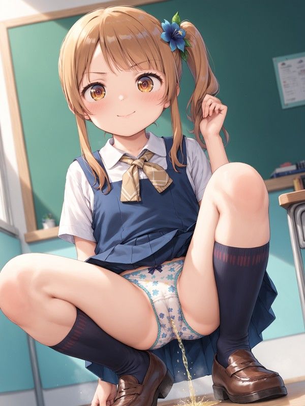 サンプル画像1:ジャンパースカートっぽいのを着たかわいい女の子がパンツをはいたままおしっこをおもらししている画像集(えっふぇれ) [d_525987]