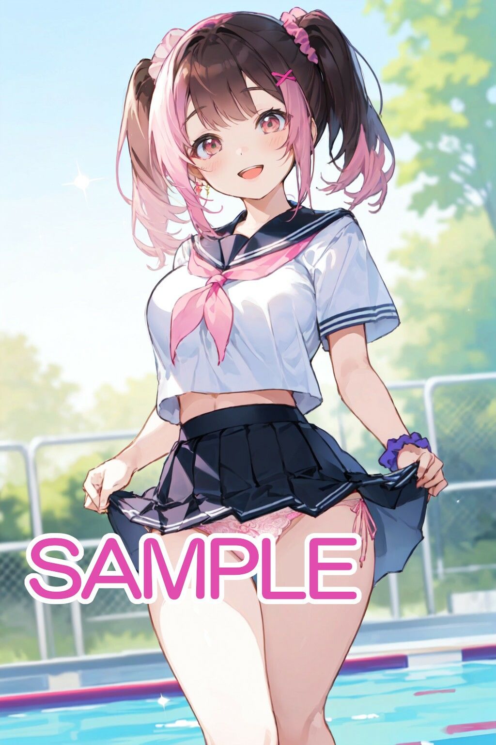 サンプル画像2:黒髪ツインテールな女の子とプールで・・・(へびの皮) [d_529558]