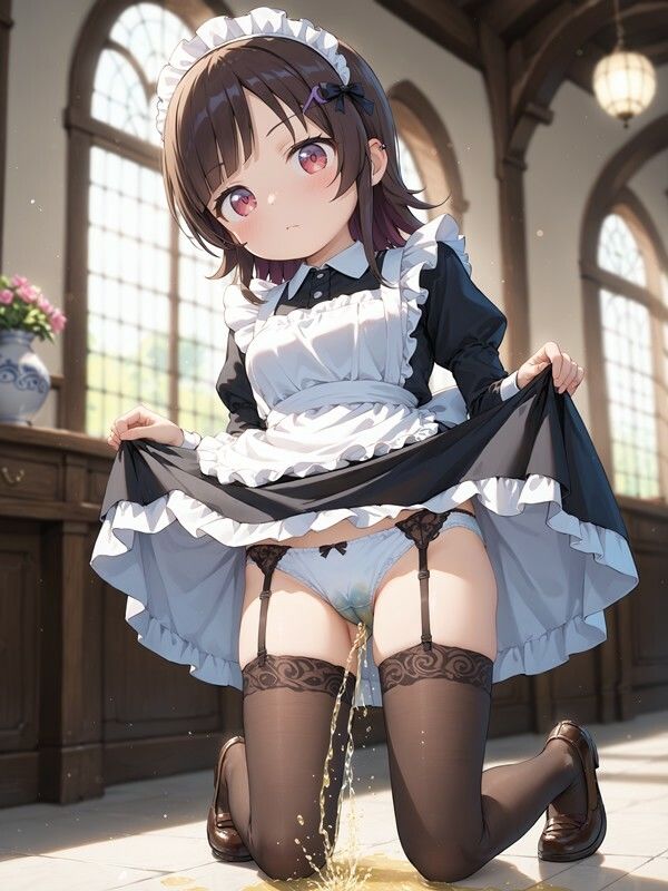 サンプル画像4:メイド服っぽいのを着たかわいい女の子がパンツをはいたままおしっこをおもらししている画像集2(えっふぇれ) [d_531134]