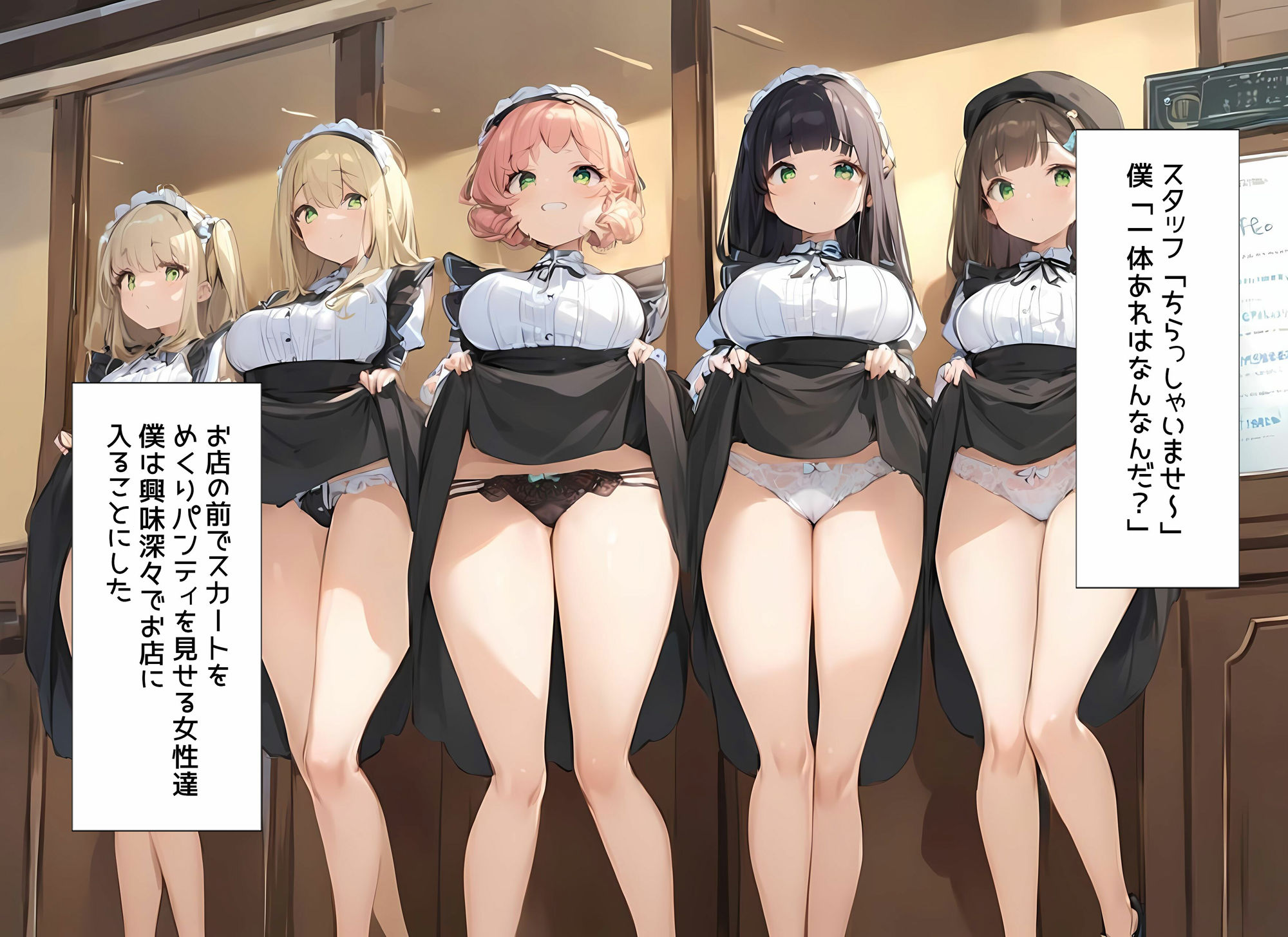 サンプル画像1:【喫茶パンティ2】下着を見せることが入店のご挨拶と勘違いしてしまった店員さん達(日替わりさん) [d_536409]