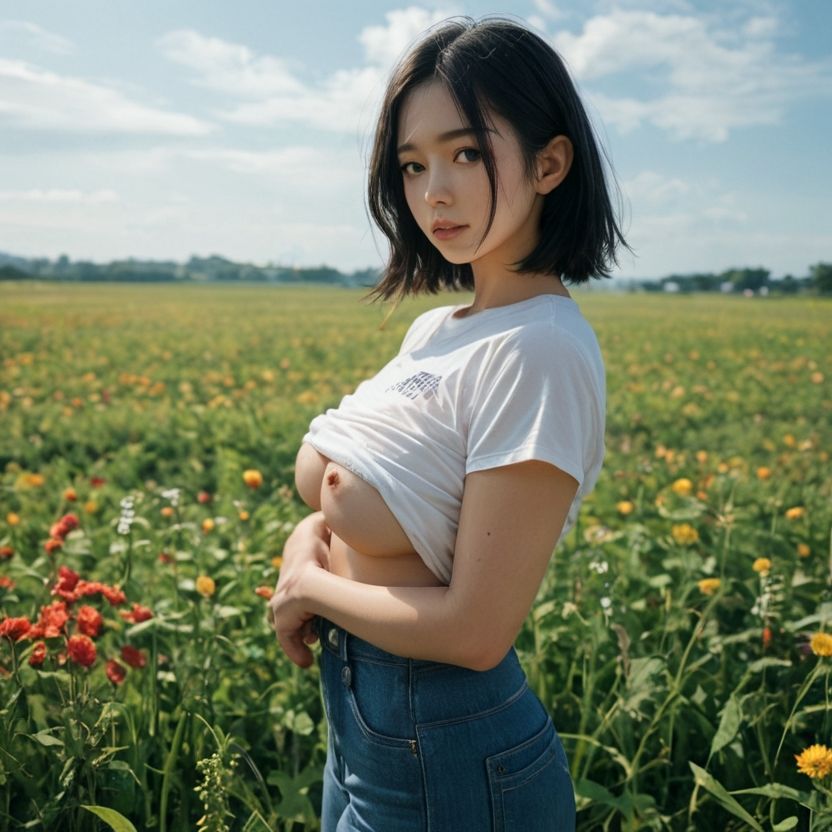 お花畑でおっぱいを露出するお姉さん(セリフなし AI画像集)のサンプル画像 6