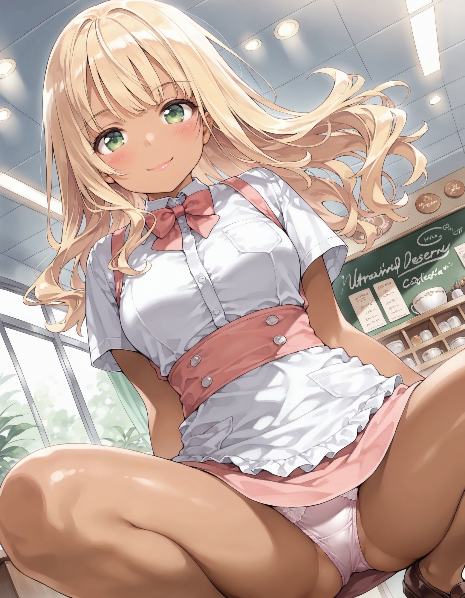黒ギャルウェイトレスのしゃがみパンチラのサンプル画像 6