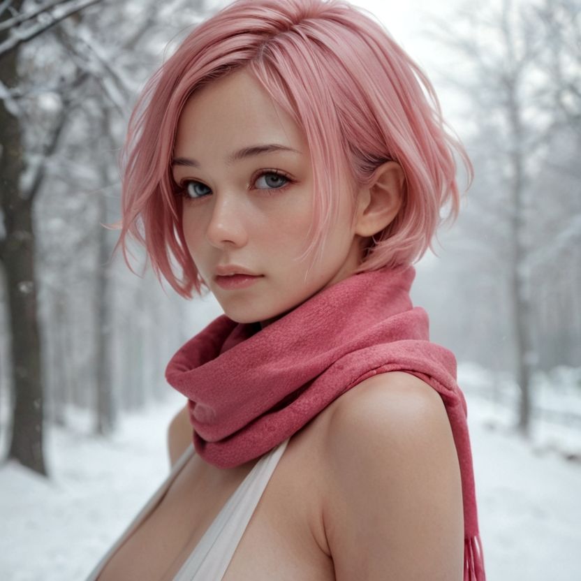 マフラーをしているピンク色のショートヘアの美女（セリフなし  AI画像集）のサンプル画像 6