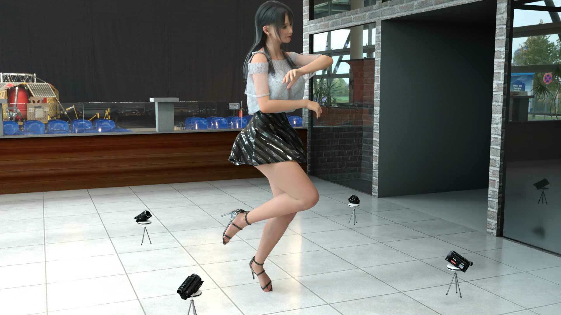 女子アナになった二階堂沙耶・早朝のニュース番組の冒頭でミニスカートでダンスすることを業務命令で強要される:Vol.003『ただの話題作りとのことで電源OFF（のはず）のカメラが4台、ローアングルから彼女のスカート内を覗き込むように設置されている:PV03_純白フルバックパンティで扇風機風チラ』のサンプル画像 6