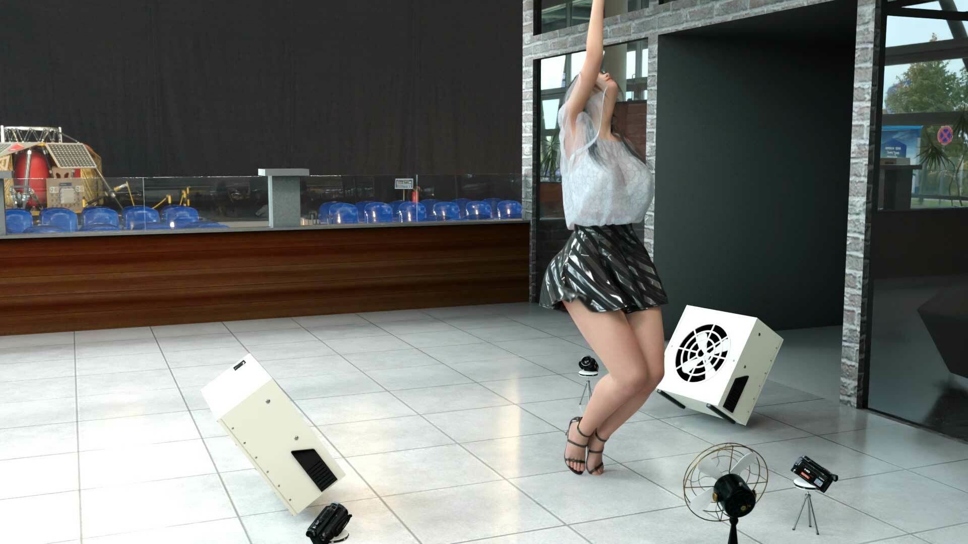 女子アナになった二階堂沙耶・早朝のニュース番組の冒頭でミニスカートでダンスすることを業務命令で強要される・ダンスVer.3:Vol.01『ただの話題作りとのことで電源OFF（のはず）のカメラが4台、ローアングルから彼女のスカート内を覗き込むように設置されている:PV01_純白Tバックパンティで扇風機風チラ』のサンプル画像 6