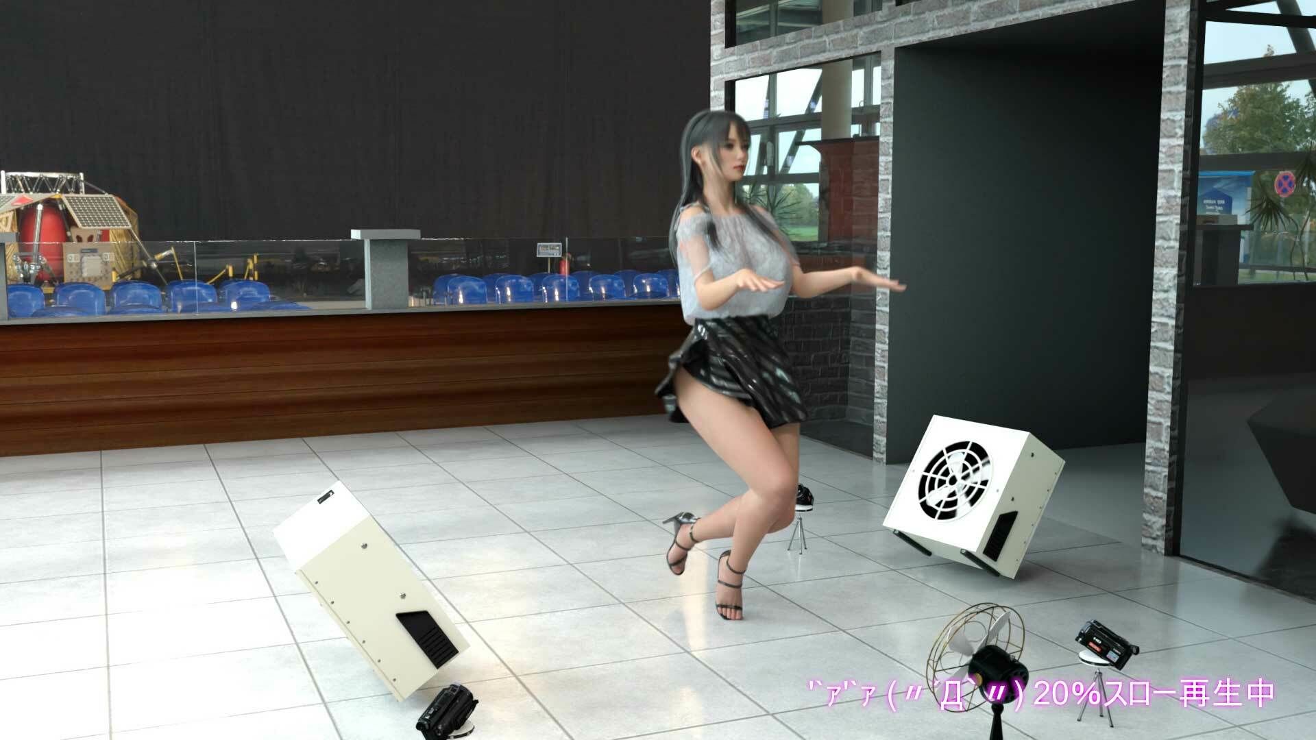 女子アナになった二階堂沙耶・早朝のニュース番組の冒頭でミニスカートでダンスすることを業務命令で強要される・ダンスVer.3:Vol.10『ただの話題作りとのことで電源OFF(のはず)のカメラが4台、ローアングルから彼女のスカート内を覗き込むように設置されている:PV10_+白色ガーターストッキング+Tバックパンティで扇風機風チラ』のサンプル画像 6