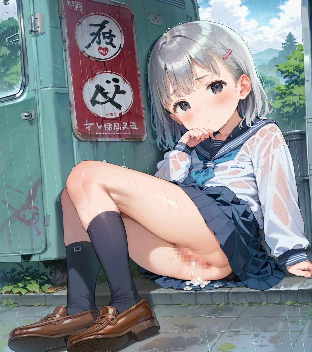 制服ちっぱい少女、バス停で雨宿り03のサンプル画像 6