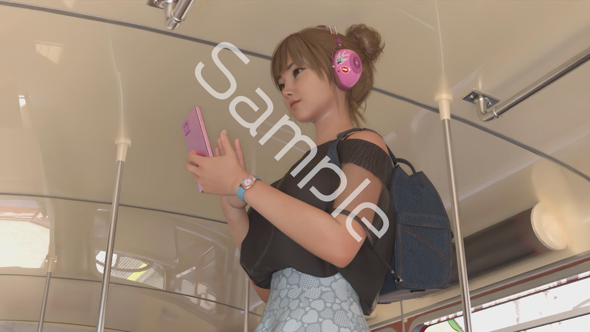 一ノ瀬廻里・私服登校日の通学途中のバス内でスカート内逆さ撮り盗撮の被害に遭う:フロント版PV04（サテン黒地ハート柄パンティ）のサンプル画像 6