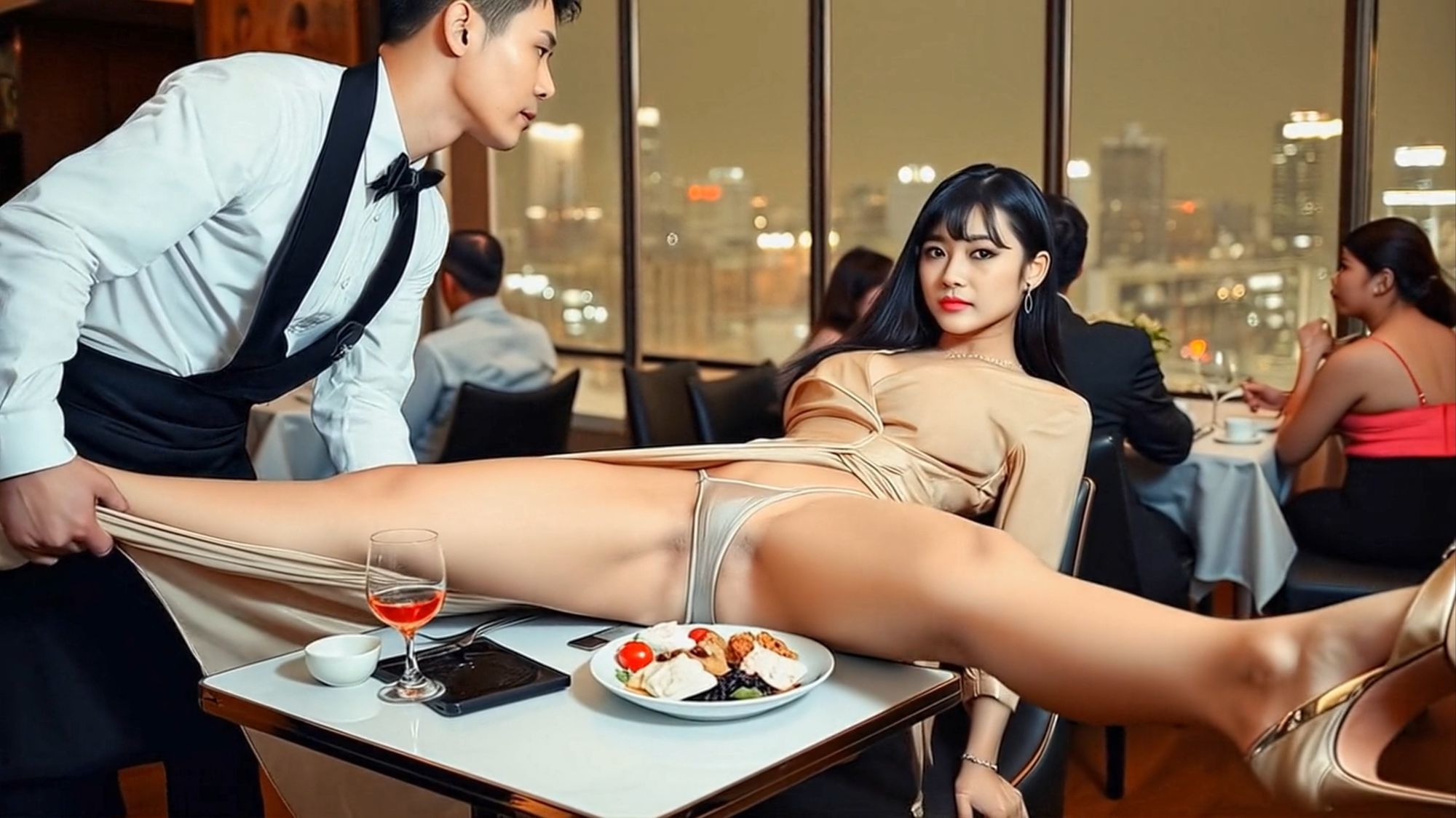 妄想18 レストランでお嬢様の開脚を給仕がお手伝い AI生成動画のサンプル画像 6