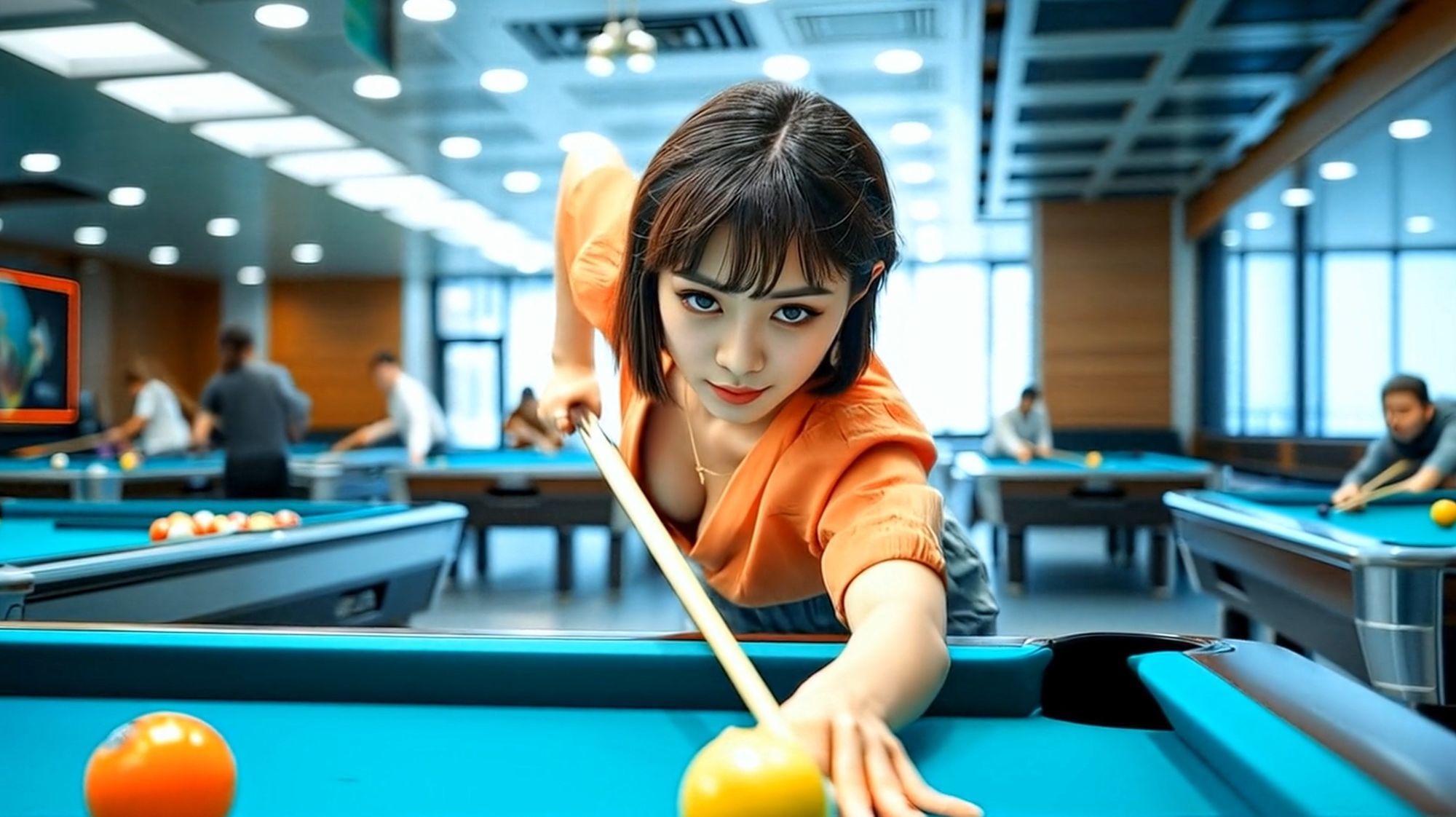 妄想21 ビリヤードで胸の谷間を見せつける美女 AI生成動画のサンプル画像 6