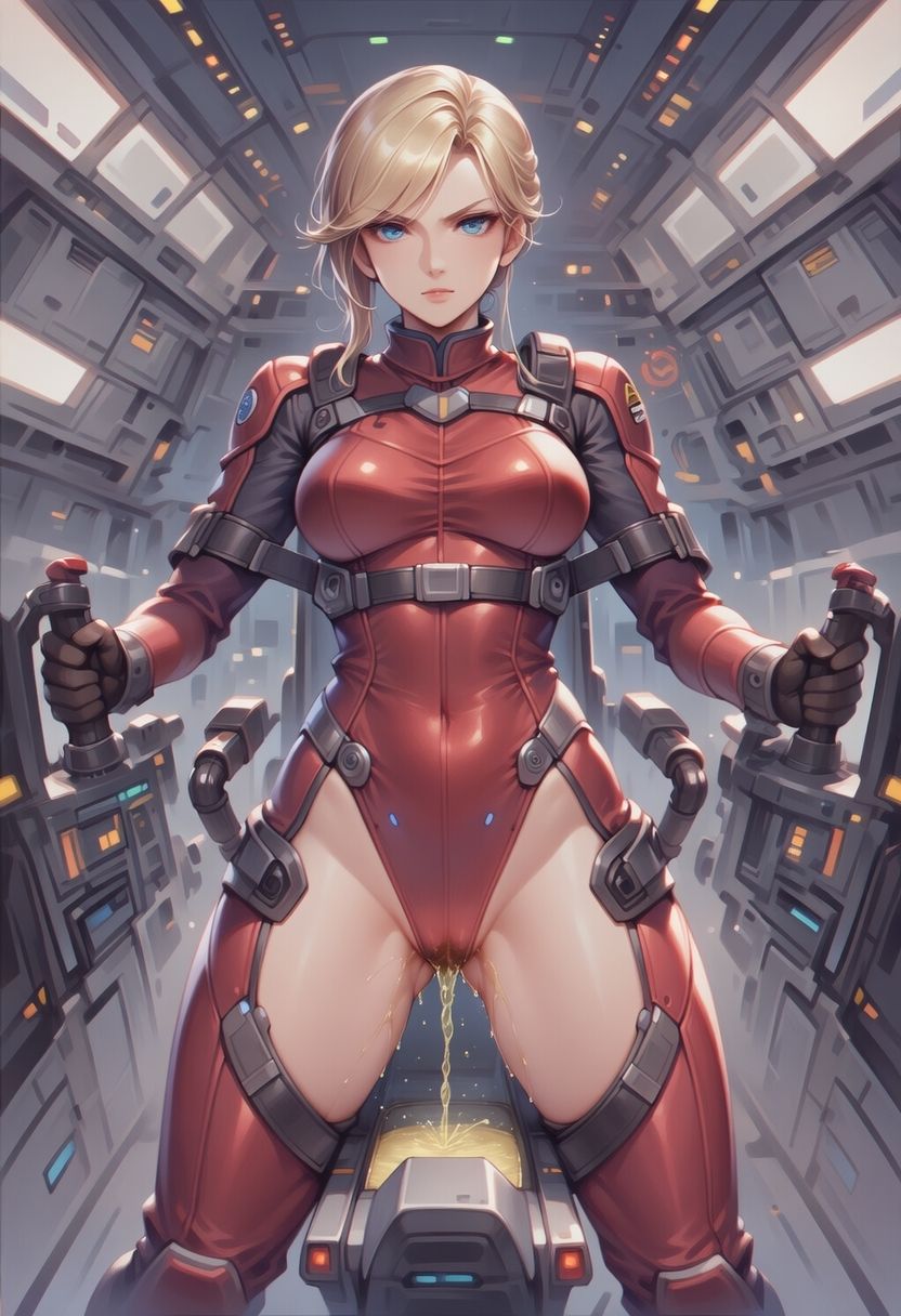 真剣な表情で失禁する女エースパイロットのサンプル画像 6