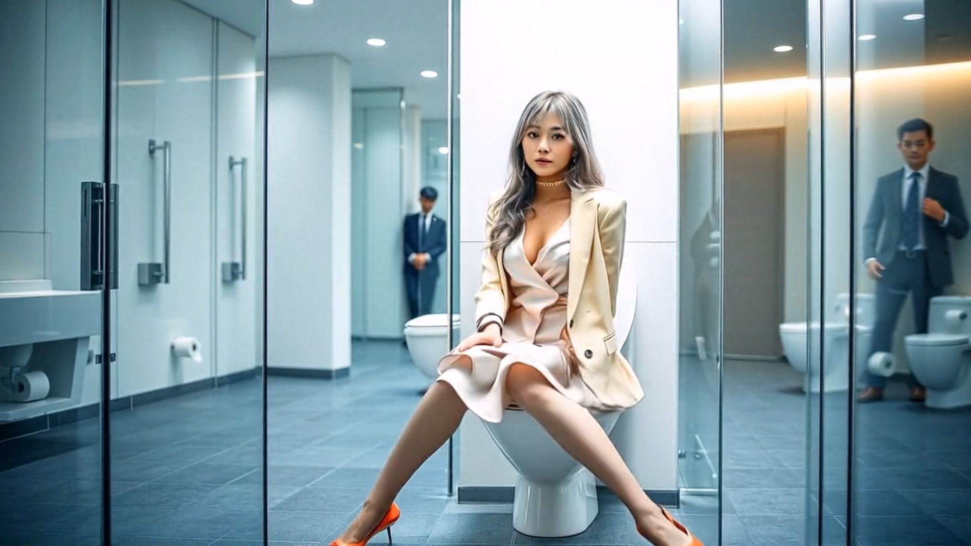 妄想24 オフィスのガラス張りまる見えトイレでOLおしっこ AI生成動画のサンプル画像 1