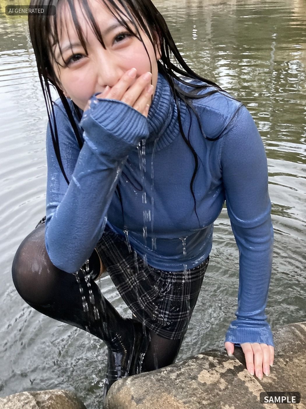 青いニットのまま川でずぶ濡れ。着衣Wet AI写真集100枚のサンプル画像 6
