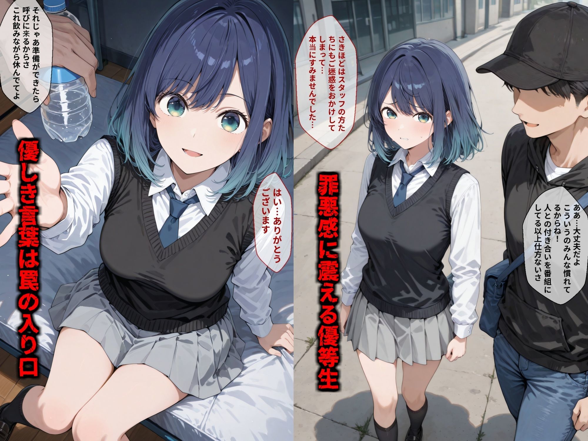 【セリフ付き画像集】純潔崩壊 黒〇あかね 前編:炎上、絶望、夢を追う少女の純潔が蹂躙される夜のサンプル画像 1