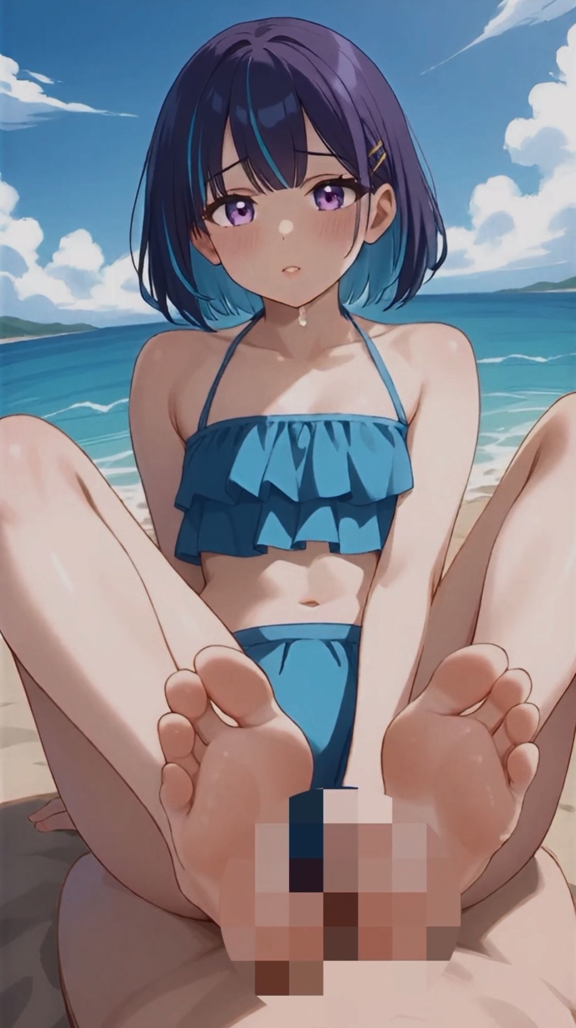 【セリフ音声付きアニメ5分27秒】ビーチで女の子から足コキのオナサポ!ムチムチな太もも、スベスベなふくらはぎ、いとおしいくるぶし、ピチピチな足裏、ビキニからこぼれそうなおっぱい、脚の奥に見えるパンティーのような水着のサンプル画像 6