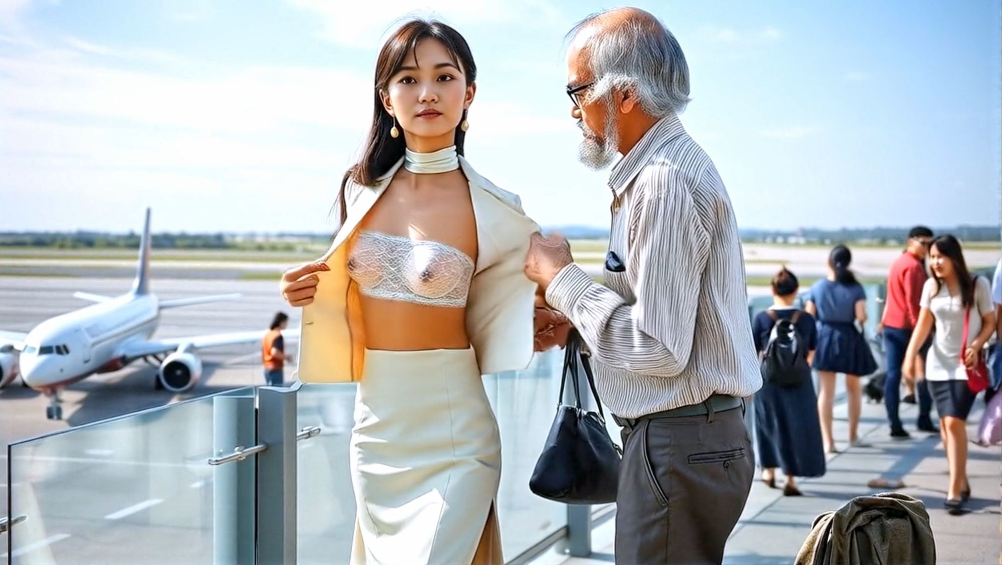 妄想27 CAが展望デッキで足上げ、脱がされ露出 AI生成動画のサンプル画像 1