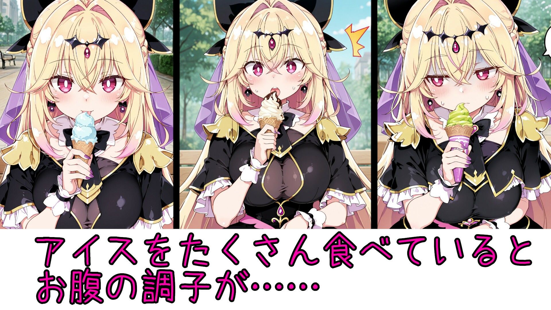 野外放尿！公園でアイスを食べすぎた森亜る〇か/アル〇ナ・シャドウちゃんが木の陰に隠れて……のサンプル画像 1