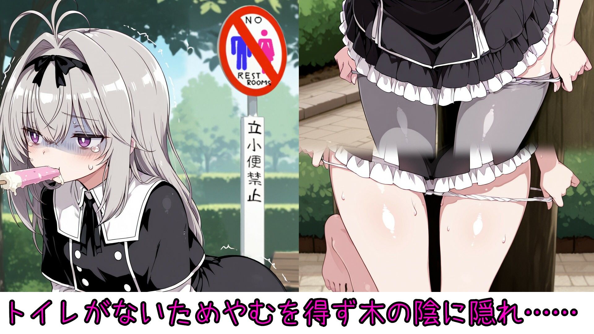 野外放尿！公園でアイスを食べすぎた森亜る〇か/アル〇ナ・シャドウちゃんが木の陰に隠れて……のサンプル画像 2
