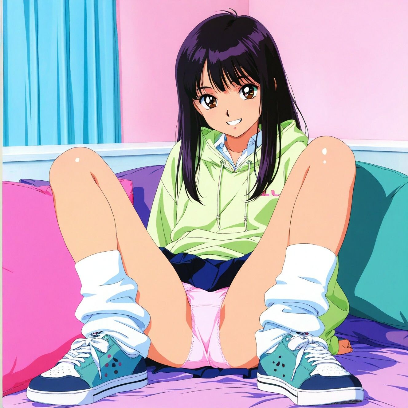 レトロアニメ風JKのM字＆四つん這いパンチラのサンプル画像 1