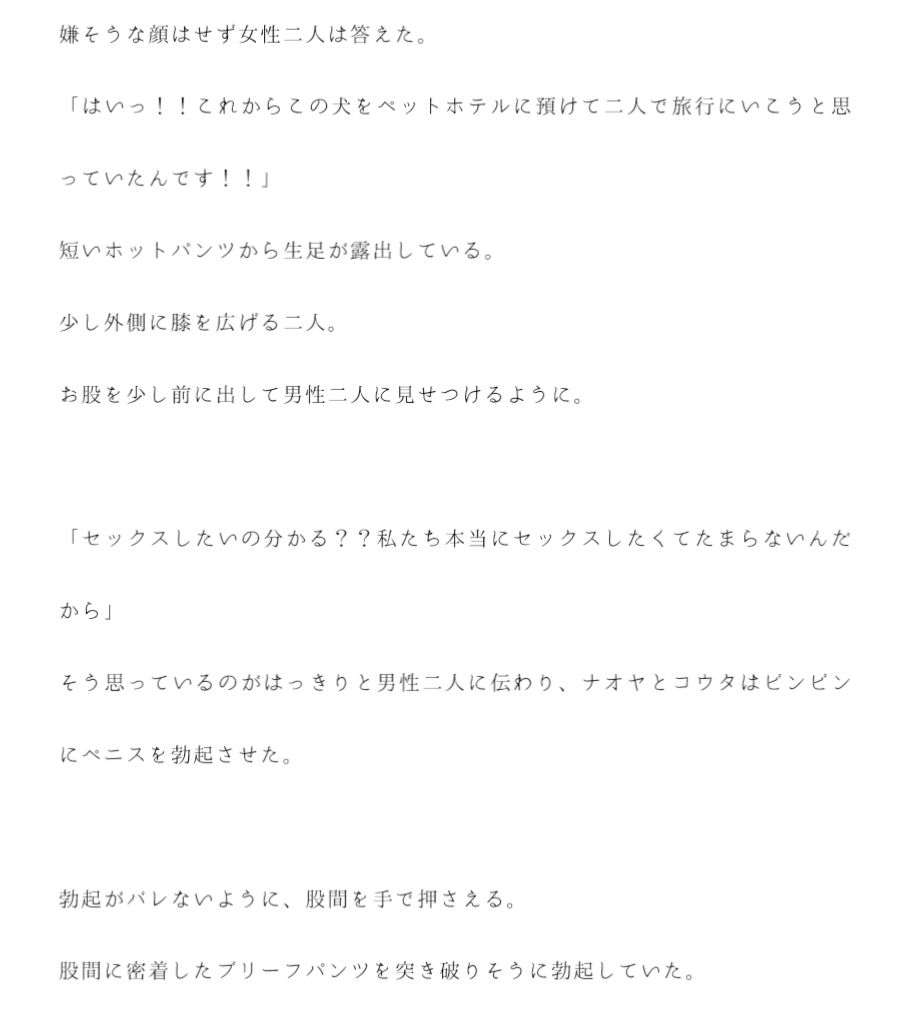 サンプル画像2:散歩中に知り合った犬連れの女性二人とエロエロ男二人組がその日中にホテルでセックス(逢瀬のひび) [d_235586]