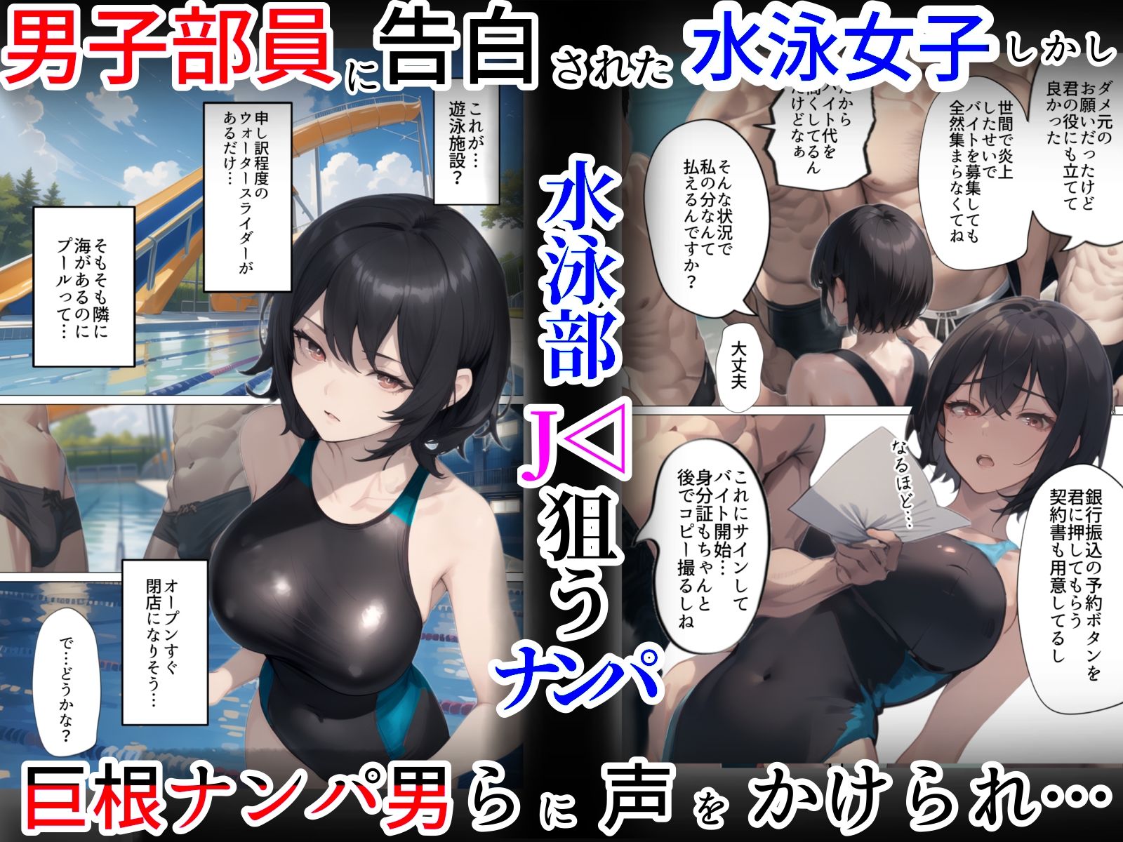 サンプル画像1:開業！寝取られ精液プール〜天才水泳女子は合宿サボるもチャラ男集団にナンパされ開業前のプール「白濁精液プール」に浸らされ孕む！男子部員に告白された合宿中に寝取られる話(寝取られるタマシギの一滴) [d_279098]