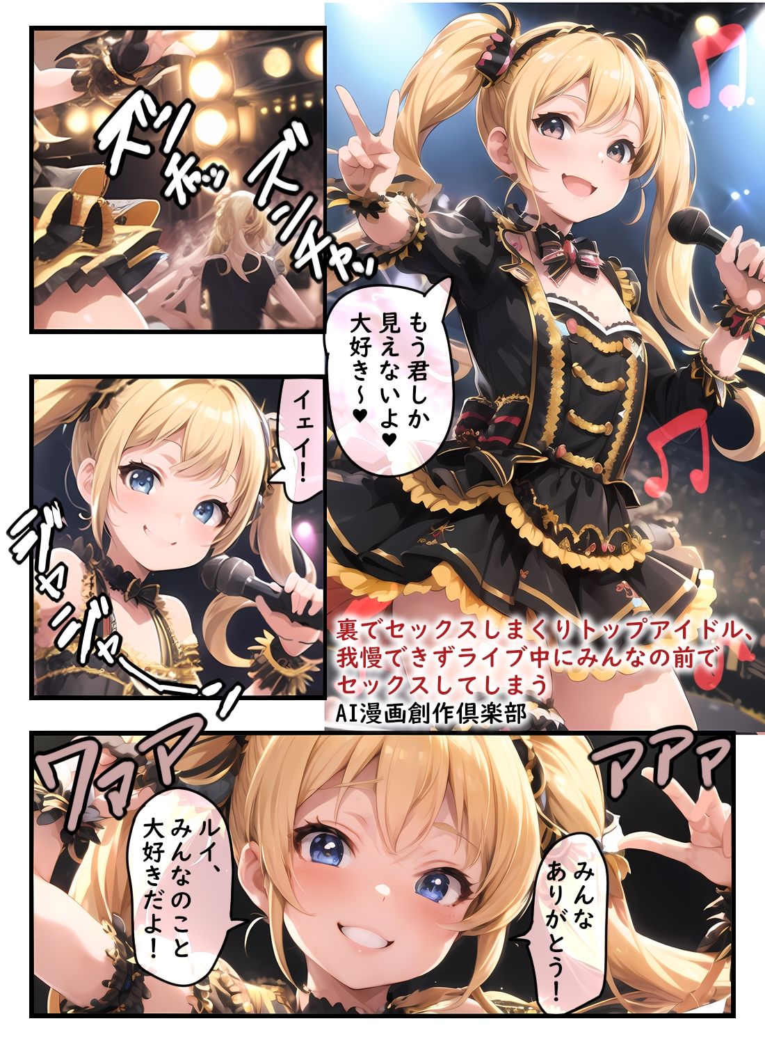 サンプル画像1:裏でセックスしまくりトップアイドル、我慢できずライブ中にみんなの前でセックスしてしまう(AI漫画創作倶楽部) [d_284027]