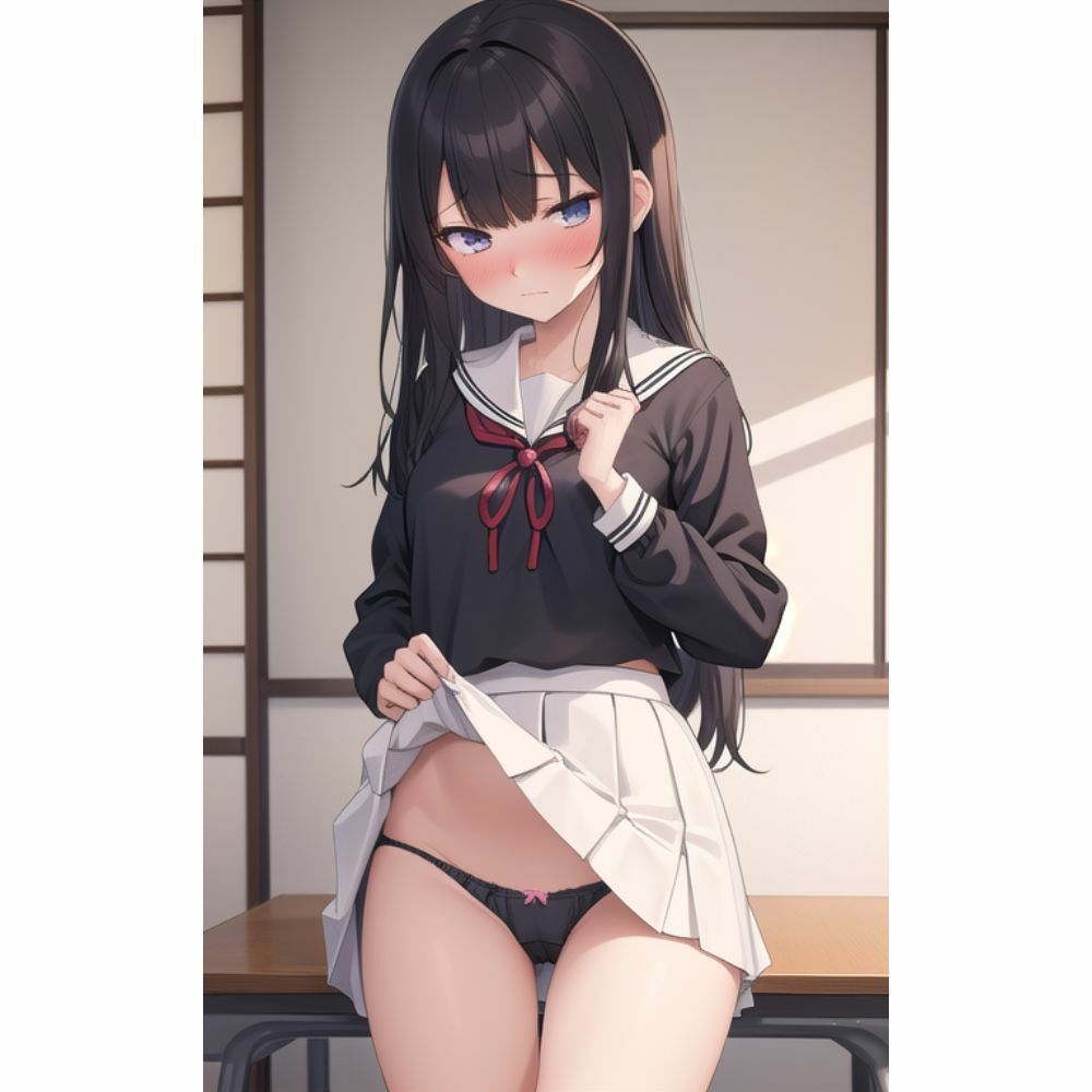 サンプル画像5:放課後の誰もいない教室でスカートをめくってパンツを見せてくる幼馴染(AI美女) [d_308026]