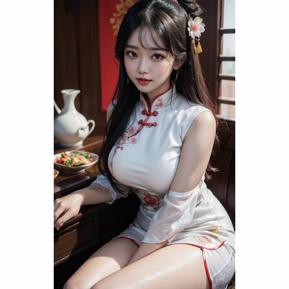 サンプル画像2:チャイナドレスを着た巨乳美女(AI美女) [d_312882]