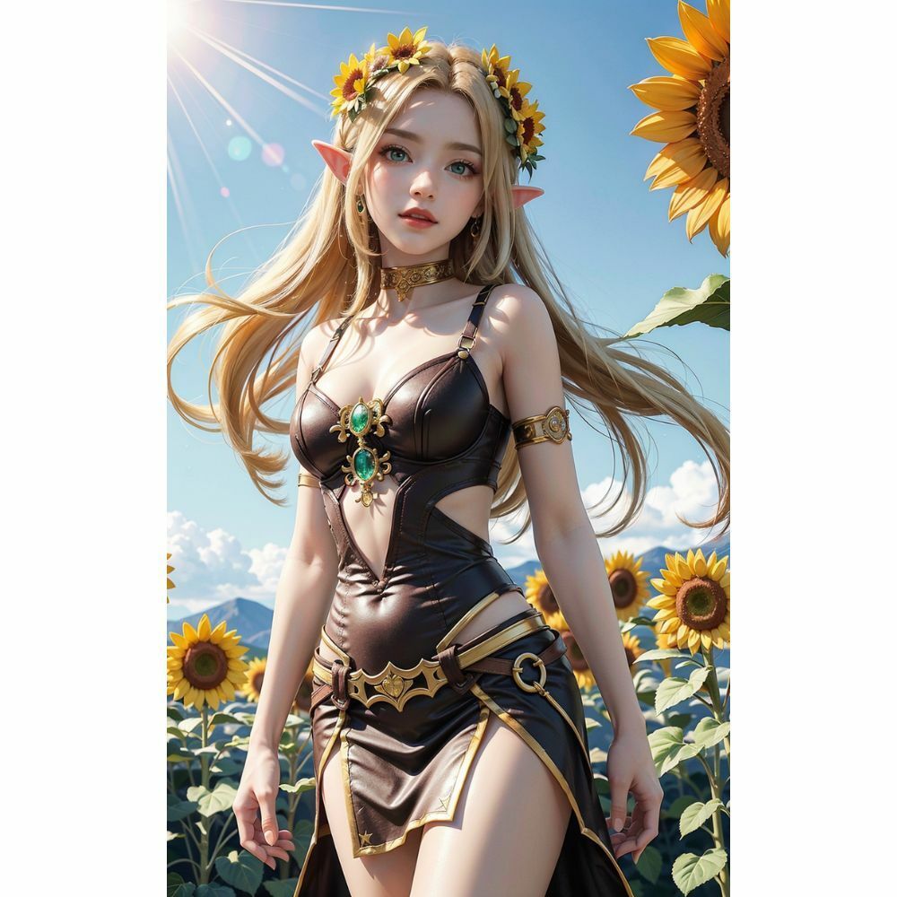 サンプル画像1:妖精の輝き:たんぽぽ畑で綻ぶエルフの美(AI美女) [d_332246]