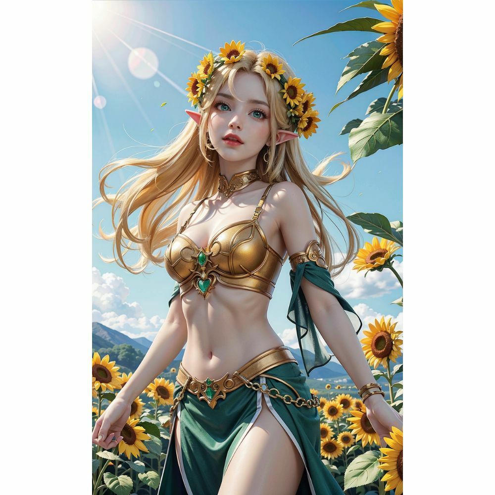 サンプル画像2:妖精の輝き:たんぽぽ畑で綻ぶエルフの美(AI美女) [d_332246]