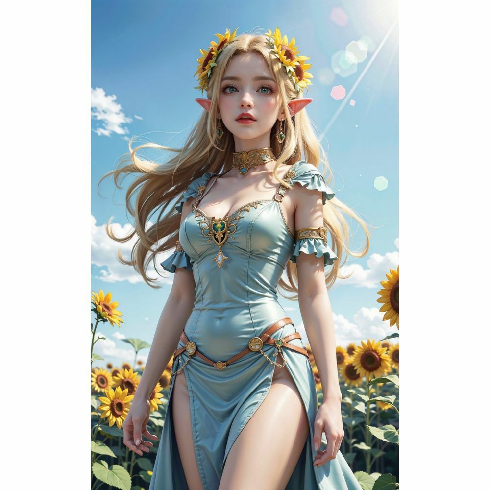 サンプル画像3:妖精の輝き:たんぽぽ畑で綻ぶエルフの美(AI美女) [d_332246]