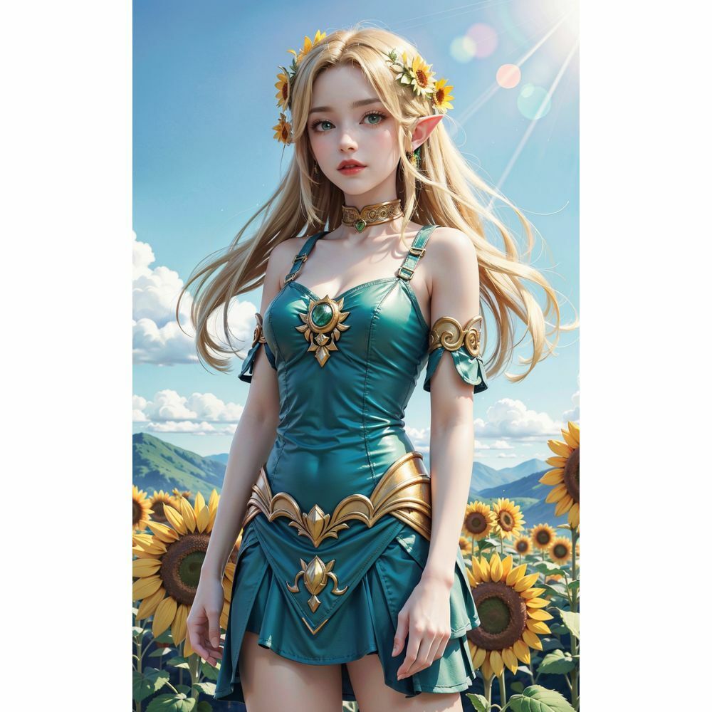 サンプル画像4:妖精の輝き:たんぽぽ畑で綻ぶエルフの美(AI美女) [d_332246]