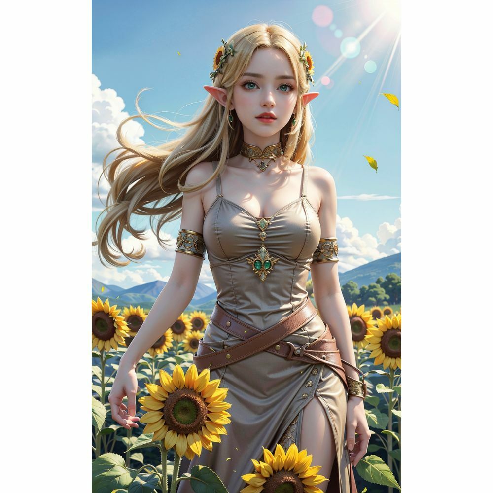 サンプル画像5:妖精の輝き:たんぽぽ畑で綻ぶエルフの美(AI美女) [d_332246]