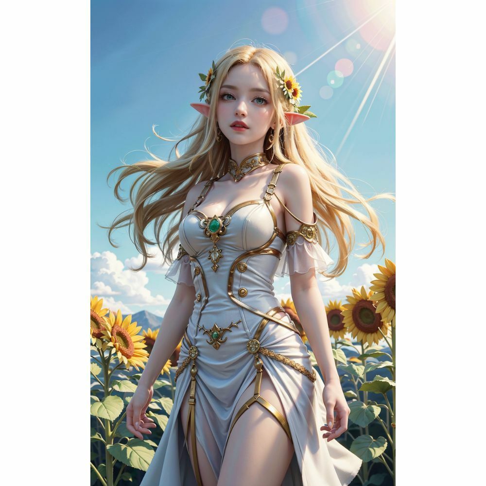 サンプル画像6:妖精の輝き:たんぽぽ畑で綻ぶエルフの美(AI美女) [d_332246]