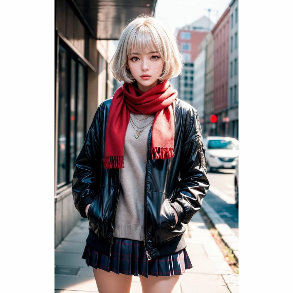 サンプル画像6:美女と赤いマフラー(AI美女) [d_333507]