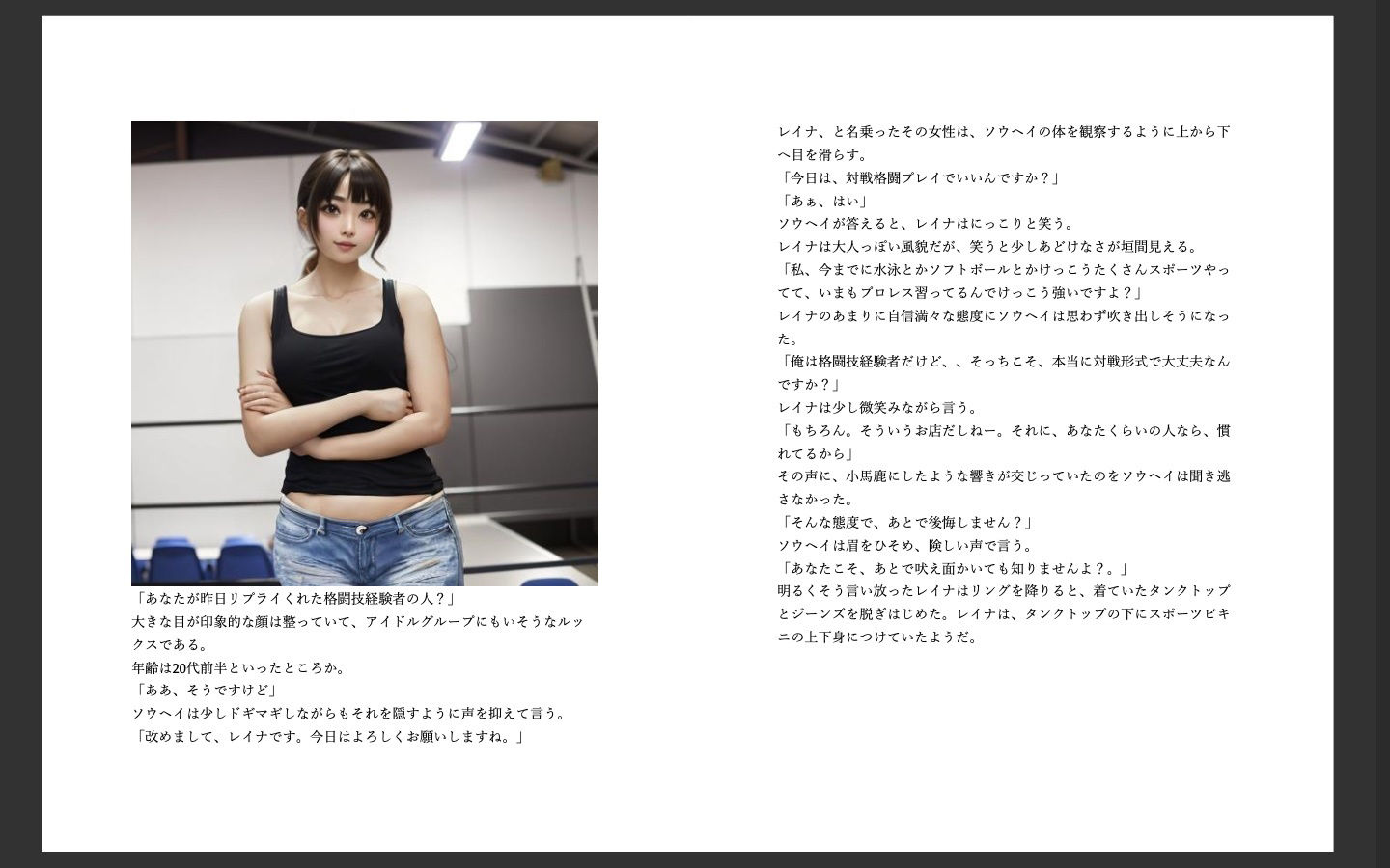 サンプル画像1:vsレイナ 〜格闘技経験者の俺が元水泳部の素人女にプロレスで負けるわけがない〜(AI美女ミックスファイトbysally) [d_367958]