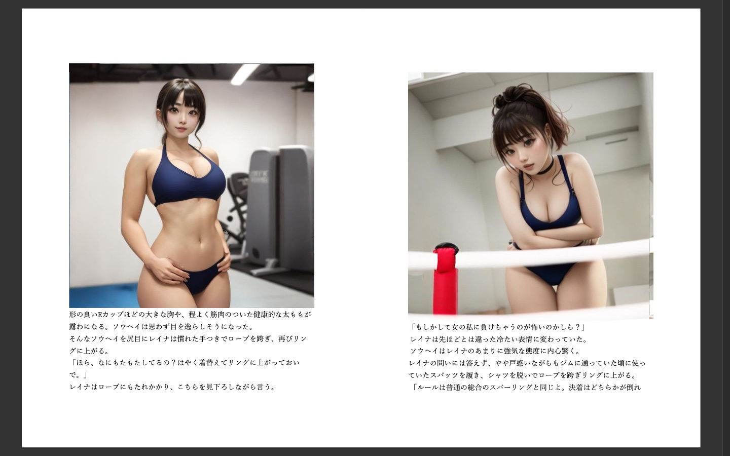 サンプル画像2:vsレイナ 〜格闘技経験者の俺が元水泳部の素人女にプロレスで負けるわけがない〜(AI美女ミックスファイトbysally) [d_367958]