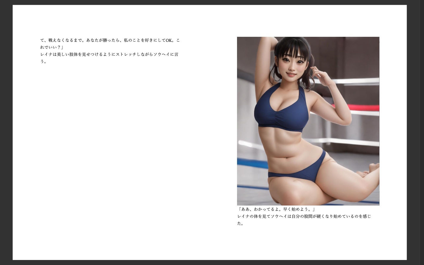 サンプル画像3:vsレイナ 〜格闘技経験者の俺が元水泳部の素人女にプロレスで負けるわけがない〜(AI美女ミックスファイトbysally) [d_367958]