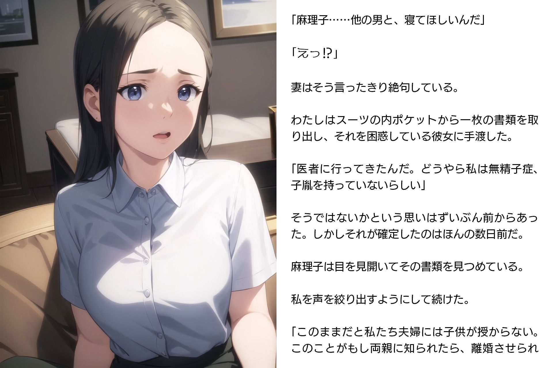 サンプル画像5:寝取らせ妻・麻理子〜「妊活」のため妻を他人の男に抱かせてみた（CGノベル/NTR）(獨去書房NTR) [d_400167]