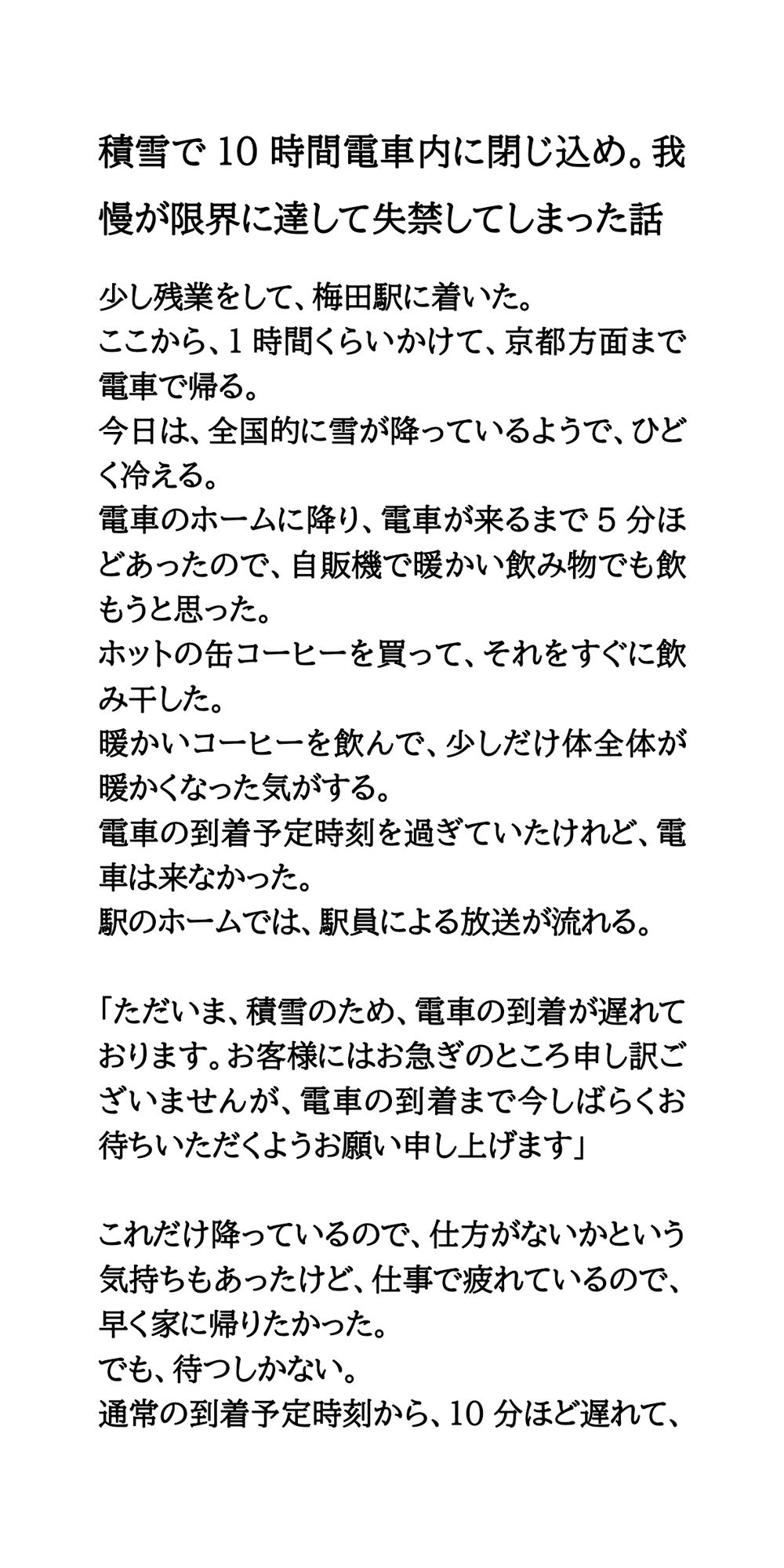 サンプル画像1:積雪で10時間電車内に閉じ込め。我慢が限界に達して失禁してしまった話(CMNFリアリズム) [d_548075]