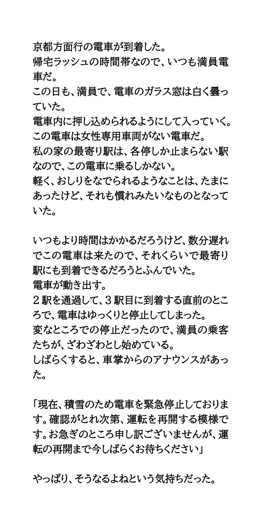 サンプル画像2:積雪で10時間電車内に閉じ込め。我慢が限界に達して失禁してしまった話(CMNFリアリズム) [d_548075]