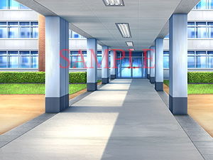 サンプル画像1:著作権フリー背景CG素材「渡り廊下 学園中庭」(キュキュキュのQのQ) [d_140568]