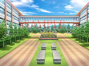 サンプル画像2:著作権フリー背景CG素材「渡り廊下 学園中庭」(キュキュキュのQのQ) [d_140568]