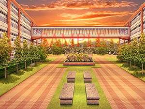 サンプル画像3:著作権フリー背景CG素材「渡り廊下 学園中庭」(キュキュキュのQのQ) [d_140568]