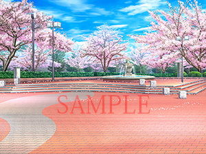 サンプル画像2:著作権フリー背景CG素材「桜のある公園」(キュキュキュのQのQ) [d_140723]