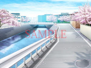 サンプル画像1:著作権フリー背景CG素材「桜のある道」(キュキュキュのQのQ) [d_140985]